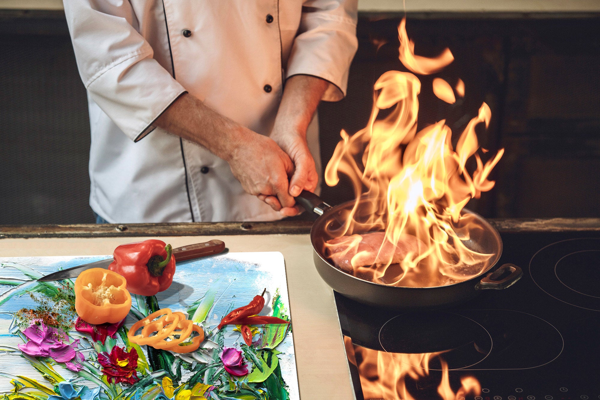 UNIQUE Tempered GLASS Kitchen Board – Impact & Scratch Resistant Cooktop cover – SINGLE: 80 x 52 cm; DOUBLE: 40 x 52 cm; DD45 Art Series : Bouquet of flowers 2