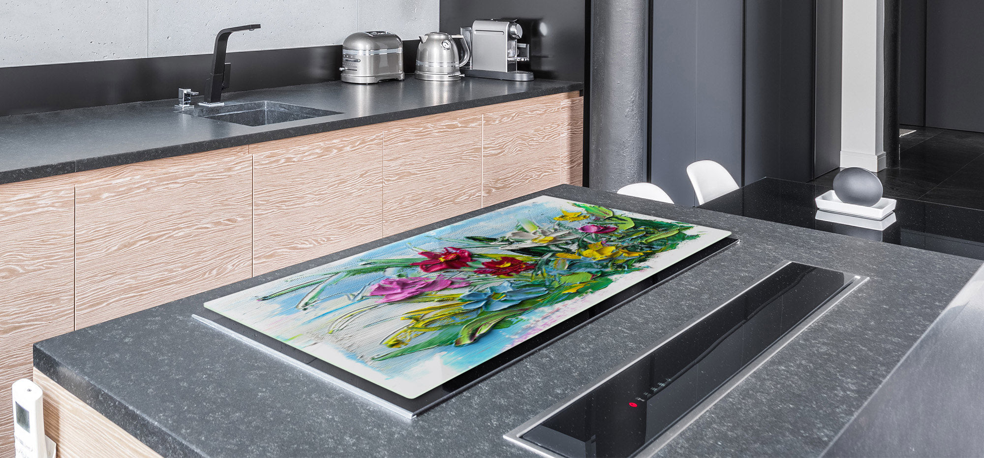UNIQUE Tempered GLASS Kitchen Board – Impact & Scratch Resistant Cooktop cover – SINGLE: 80 x 52 cm; DOUBLE: 40 x 52 cm; DD45 Art Series : Bouquet of flowers 2
