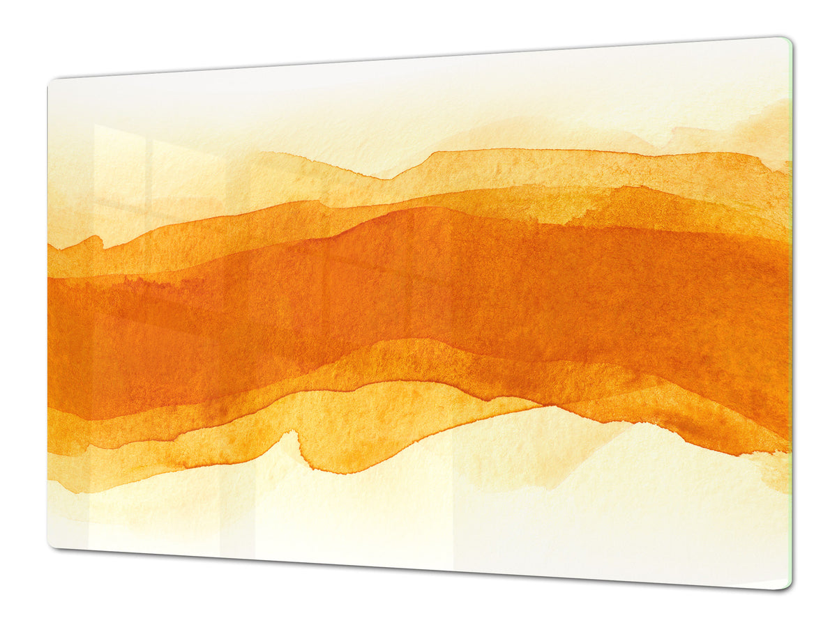 UNIQUE Tempered GLASS Kitchen Board – Impact & Scratch Resistant Cooktop cover – SINGLE: 80 x 52 cm; DOUBLE: 40 x 52 cm; DD45 Art Series : Orange watercolour