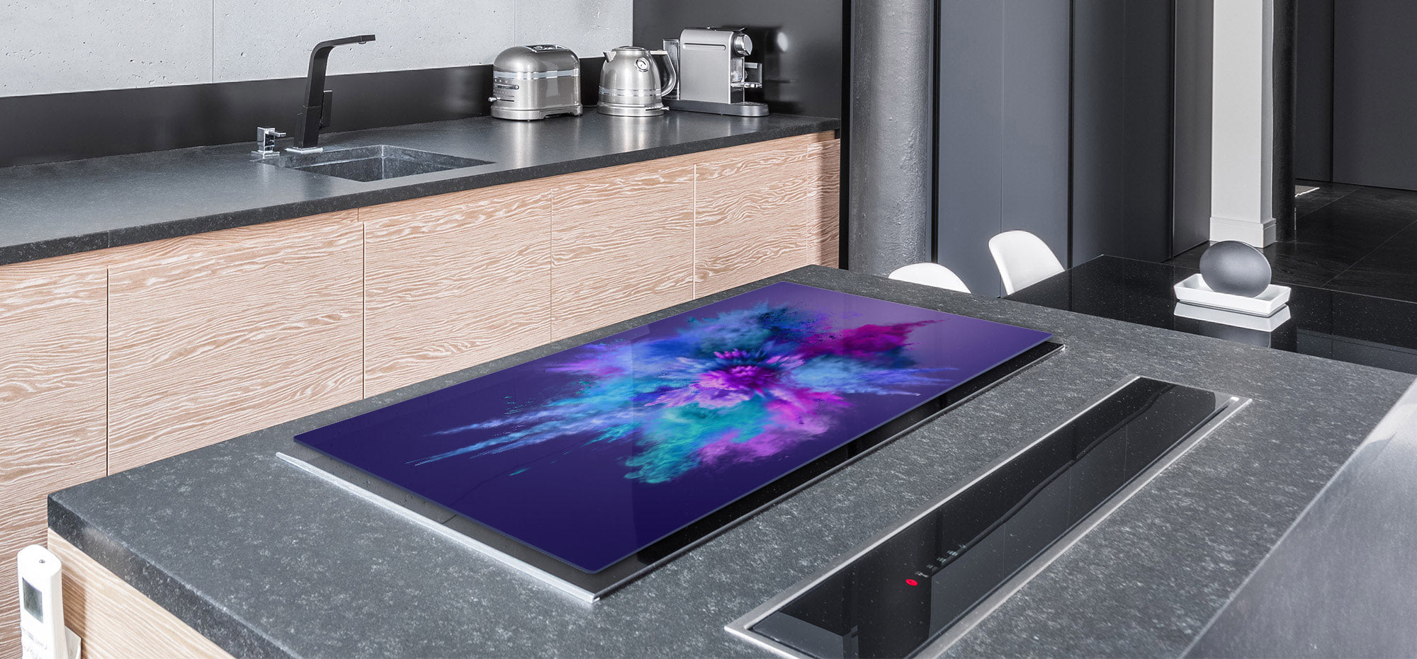 UNIQUE Tempered GLASS Kitchen Board – Impact & Scratch Resistant Cooktop cover – SINGLE: 80 x 52 cm; DOUBLE: 40 x 52 cm; DD45 Art Series : Colour explosion 1