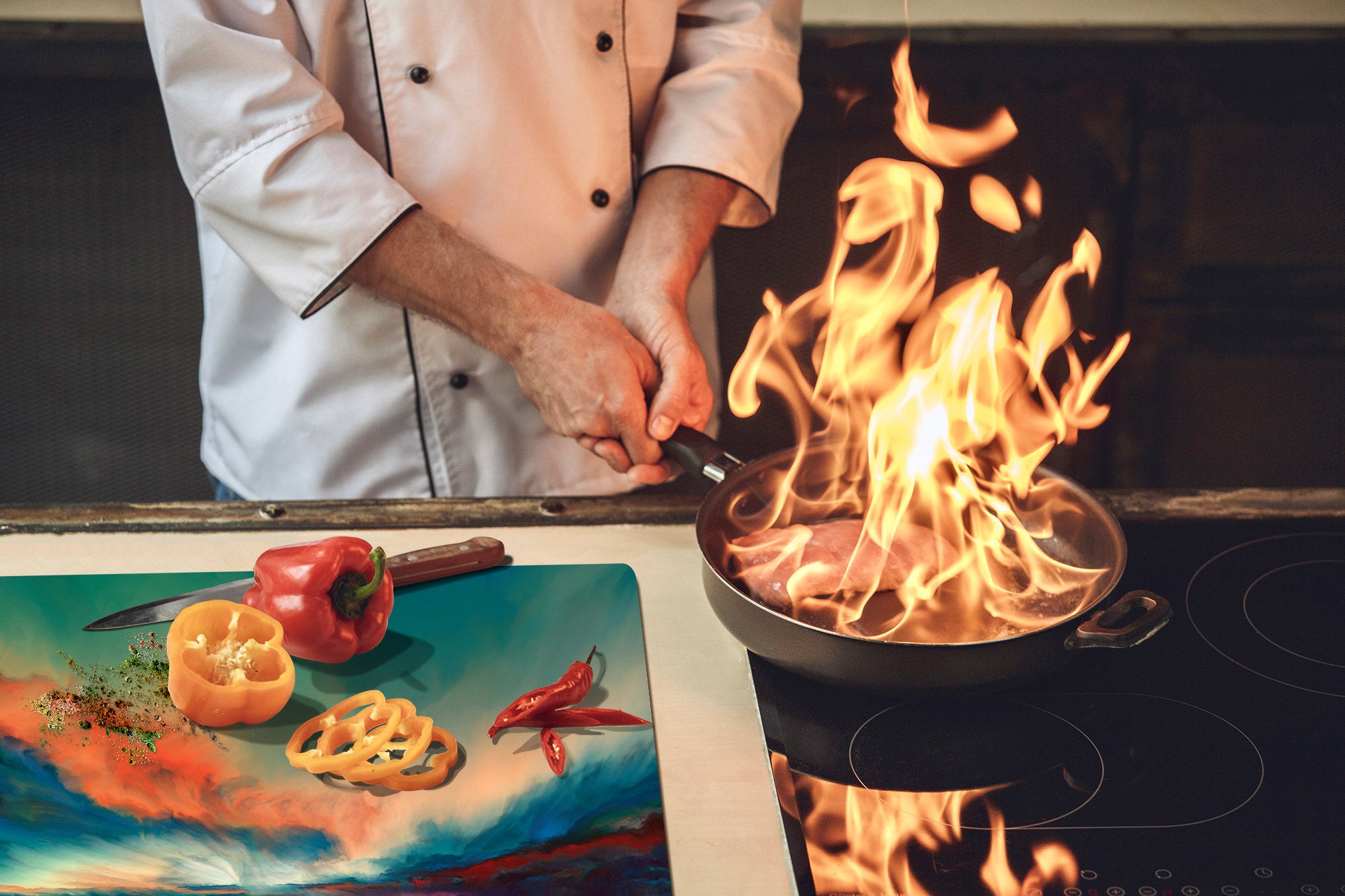 UNIQUE Tempered GLASS Kitchen Board – Impact & Scratch Resistant Cooktop cover – SINGLE: 80 x 52 cm; DOUBLE: 40 x 52 cm; DD45 Art Series : Colourful sunset