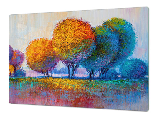 UNIQUE Tempered GLASS Kitchen Board – Impact & Scratch Resistant Cooktop cover – SINGLE: 80 x 52 cm; DOUBLE: 40 x 52 cm; DD45 Art Series : Colourful trees 1