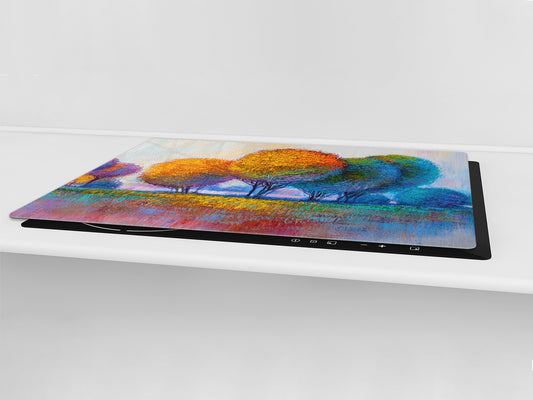 UNIQUE Tempered GLASS Kitchen Board – Impact & Scratch Resistant Cooktop cover – SINGLE: 80 x 52 cm; DOUBLE: 40 x 52 cm; DD45 Art Series : Colourful trees 1