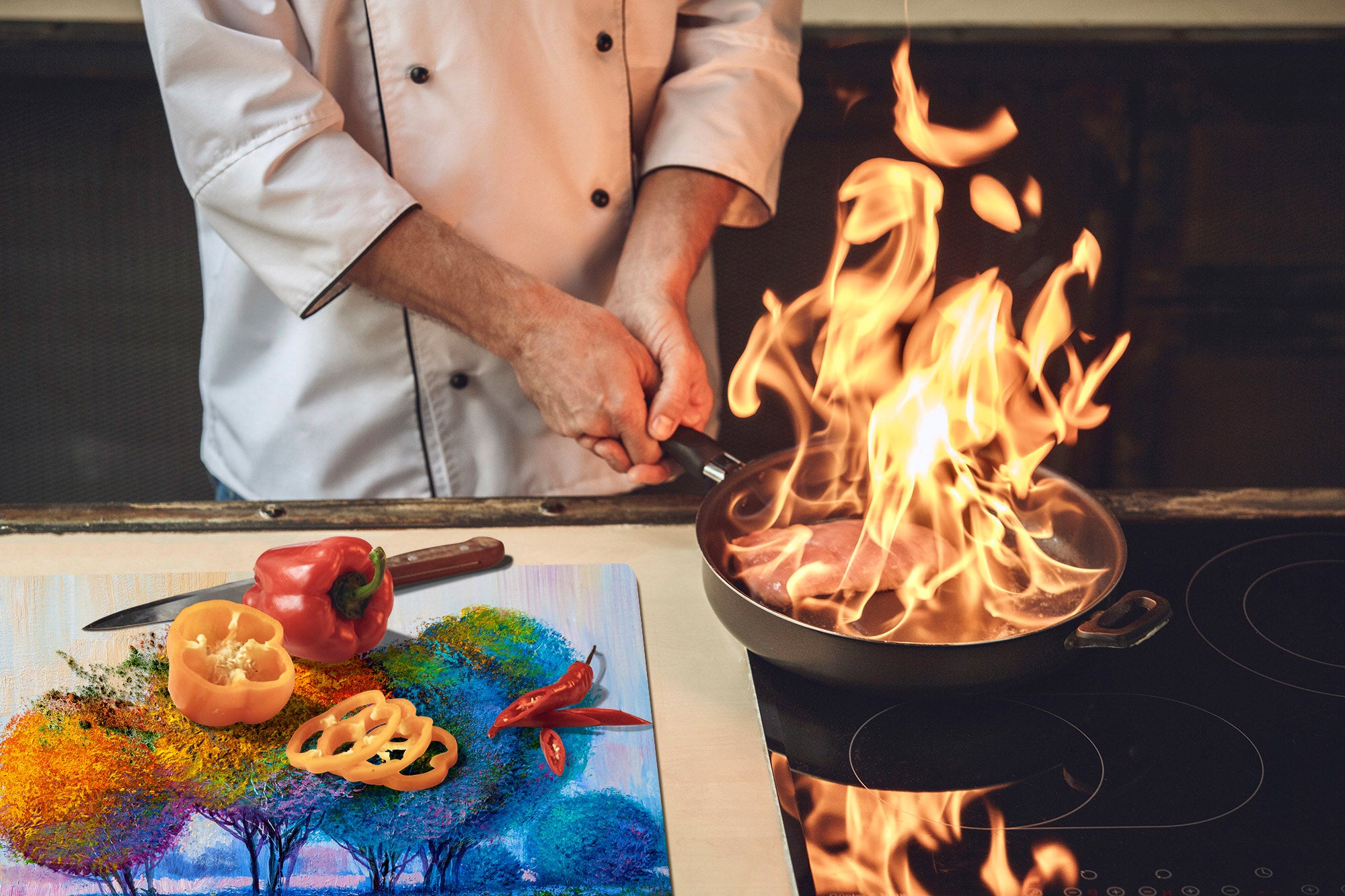 UNIQUE Tempered GLASS Kitchen Board – Impact & Scratch Resistant Cooktop cover – SINGLE: 80 x 52 cm; DOUBLE: 40 x 52 cm; DD45 Art Series : Colourful trees 1