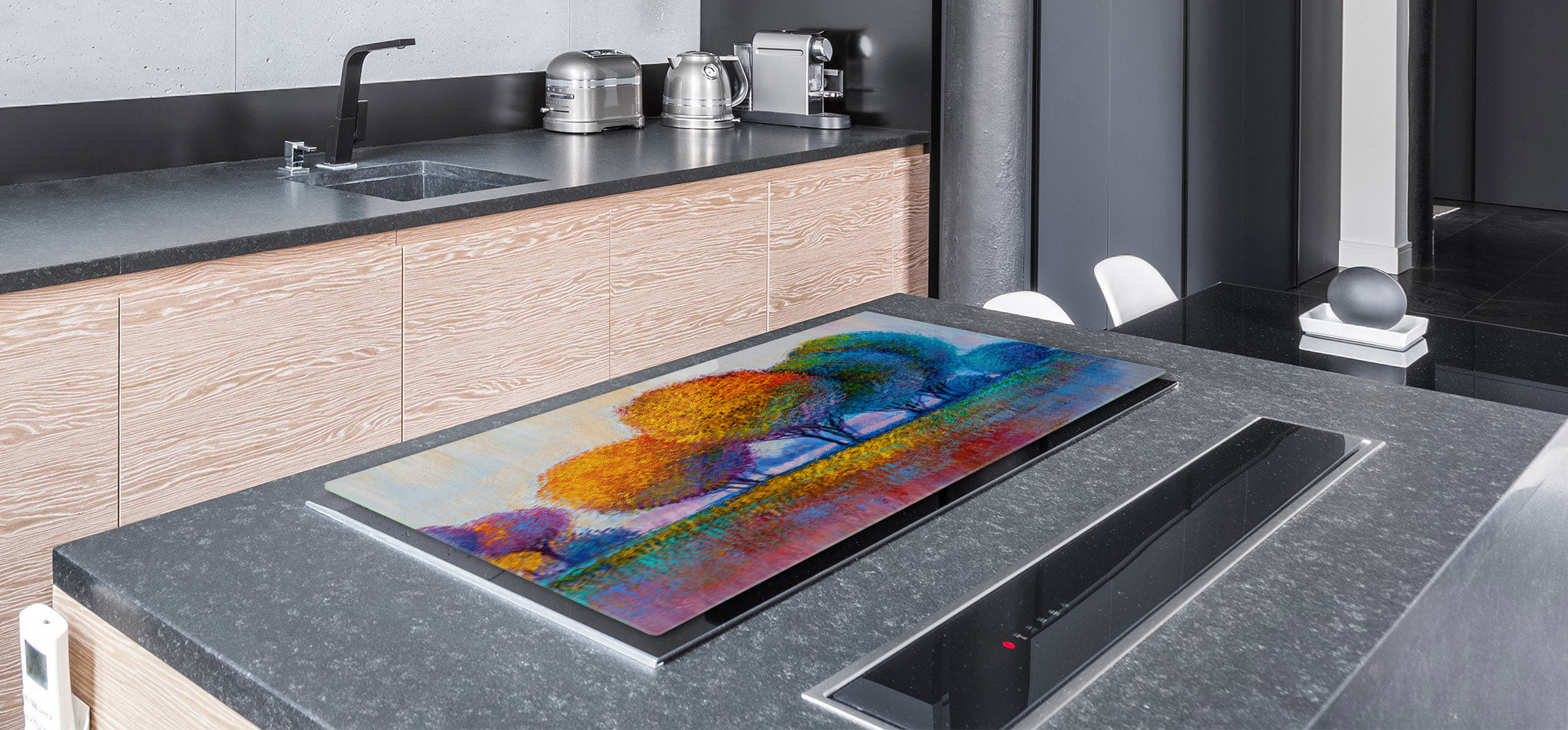 UNIQUE Tempered GLASS Kitchen Board – Impact & Scratch Resistant Cooktop cover – SINGLE: 80 x 52 cm; DOUBLE: 40 x 52 cm; DD45 Art Series : Colourful trees 1