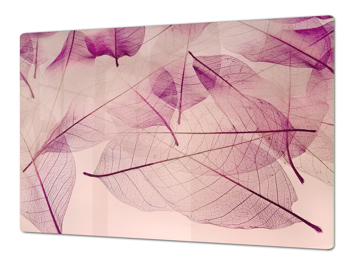 Gigantic Worktop saver and Pastry Board - Tempered GLASS Cutting Board - MEASURES: SINGLE: 80 x 52 cm; DOUBLE: 40 x 52 cm; DD44 Nature series : Transparent purple leaves