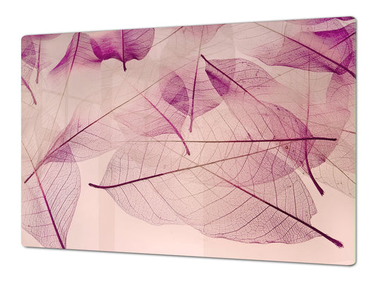 Gigantic Worktop saver and Pastry Board - Tempered GLASS Cutting Board - MEASURES: SINGLE: 80 x 52 cm; DOUBLE: 40 x 52 cm; DD44 Nature series : Transparent purple leaves