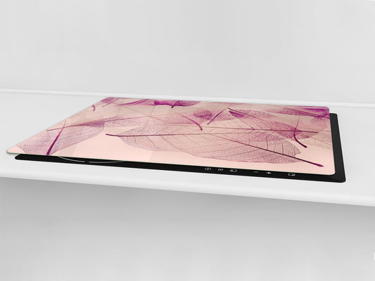 Gigantic Worktop saver and Pastry Board - Tempered GLASS Cutting Board - MEASURES: SINGLE: 80 x 52 cm; DOUBLE: 40 x 52 cm; DD44 Nature series : Transparent purple leaves