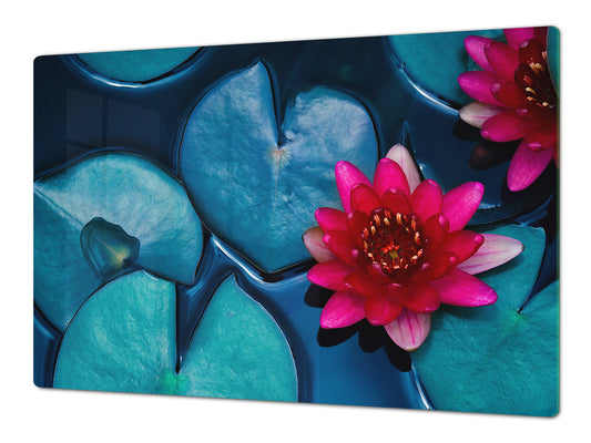 Gigantic Worktop saver and Pastry Board - Tempered GLASS Cutting Board - MEASURES: SINGLE: 80 x 52 cm; DOUBLE: 40 x 52 cm; DD44 Nature series : Pink lotus flower