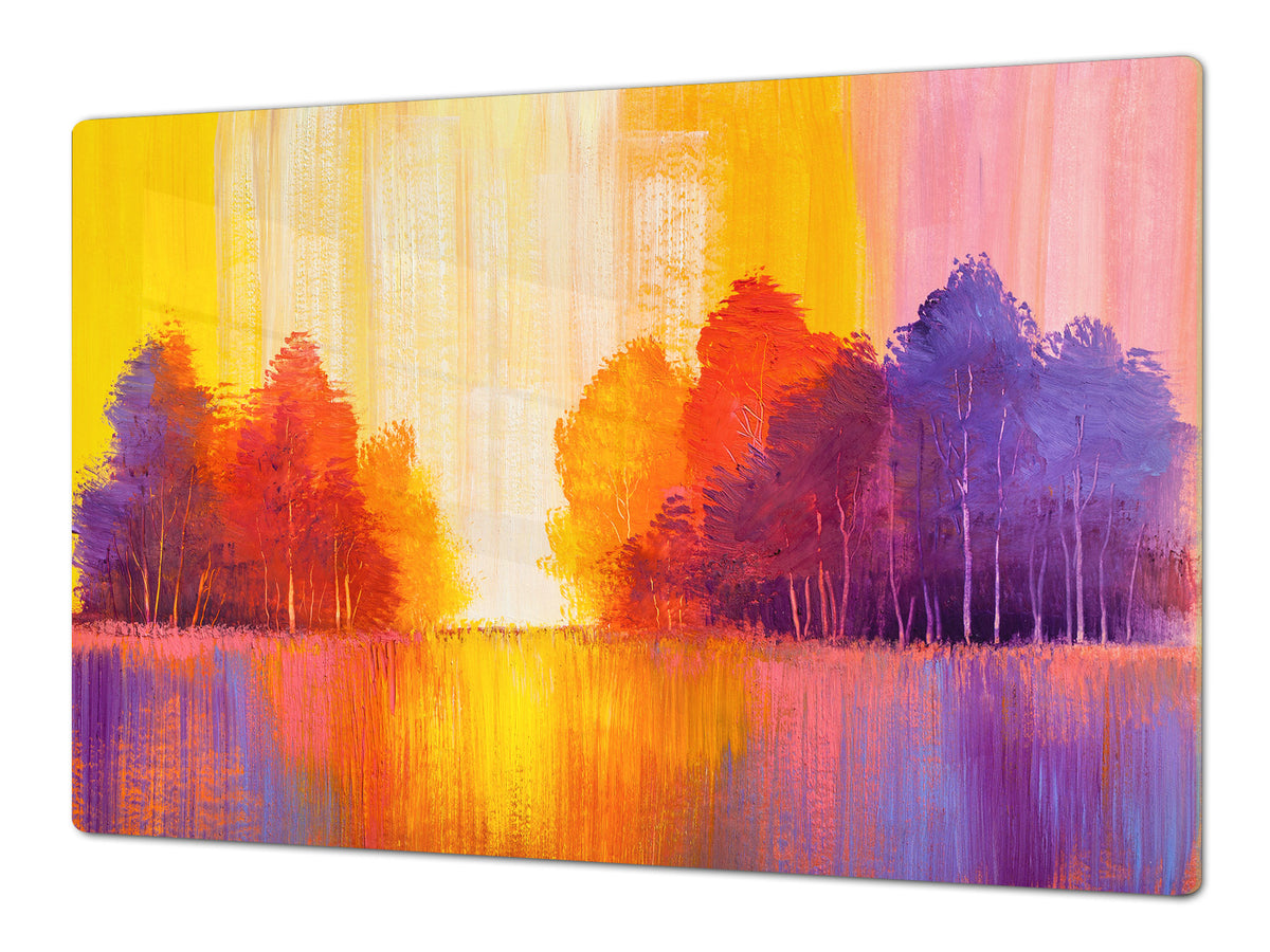 UNIQUE Tempered GLASS Kitchen Board – Impact & Scratch Resistant Cooktop cover – SINGLE: 80 x 52 cm; DOUBLE: 40 x 52 cm; DD45 Art Series : Colourful trees 2