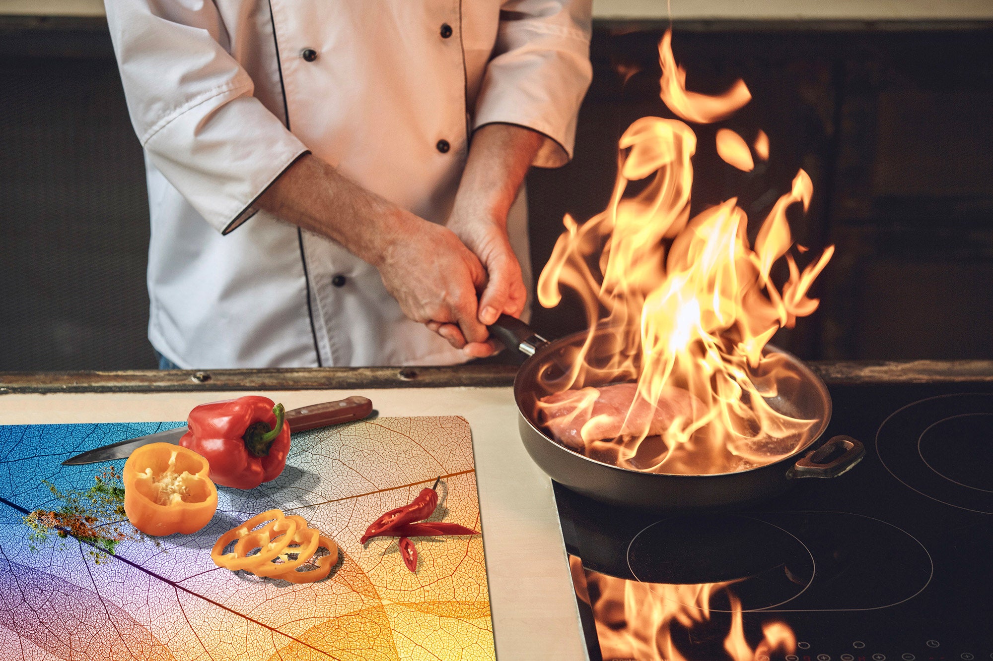 Gigantic Worktop saver and Pastry Board - Tempered GLASS Cutting Board - MEASURES: SINGLE: 80 x 52 cm; DOUBLE: 40 x 52 cm; DD44 Nature series : Colourful transparent leaves