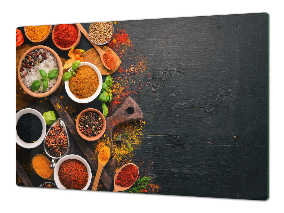 GIGANTIC CUTTING BOARD and Cooktop Cover - Glass Kitchen Board;SINGLE: 80 x 52 cm (31,5” x 20,47”); DOUBLE: 40 x 52 cm (15,75” x 20,47”); DD48 Herbs and spices Series : Colourful spices