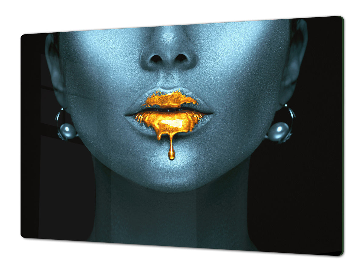 UNIQUE Tempered GLASS Kitchen Board – Impact & Scratch Resistant Cooktop cover – SINGLE: 80 x 52 cm; DOUBLE: 40 x 52 cm; DD45 Art Series : Golden lips 2