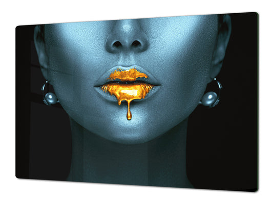 UNIQUE Tempered GLASS Kitchen Board – Impact & Scratch Resistant Cooktop cover – SINGLE: 80 x 52 cm; DOUBLE: 40 x 52 cm; DD45 Art Series : Golden lips 2