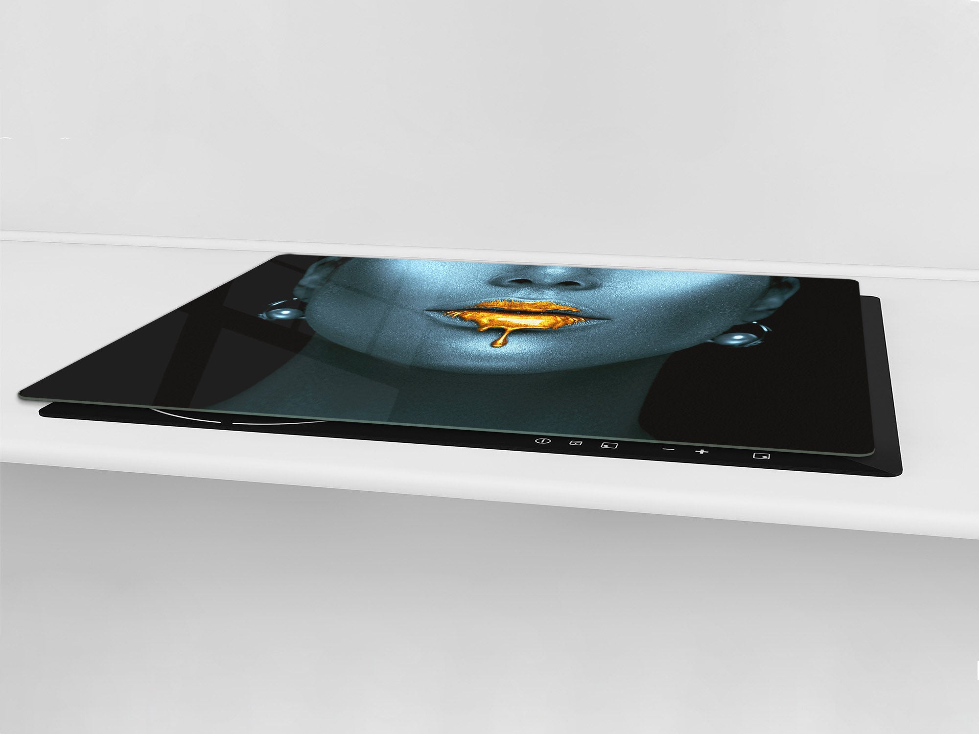 UNIQUE Tempered GLASS Kitchen Board – Impact & Scratch Resistant Cooktop cover – SINGLE: 80 x 52 cm; DOUBLE: 40 x 52 cm; DD45 Art Series : Golden lips 2