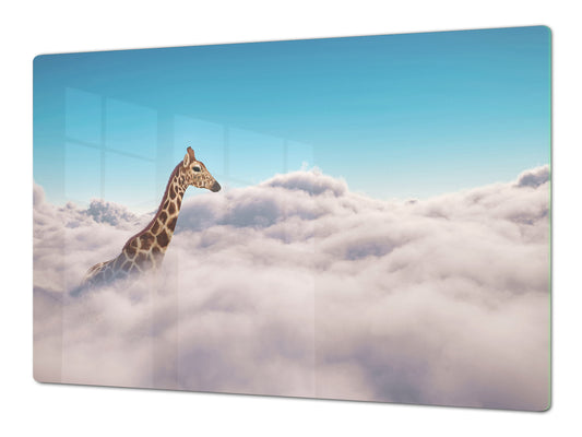 ENORMOUS  Tempered GLASS Chopping Board - Induction Cooktop Cover – SINGLE: 80 x 52 cm; DOUBLE: 40 x 52 cm; DD51 : Giraffe above Clouds