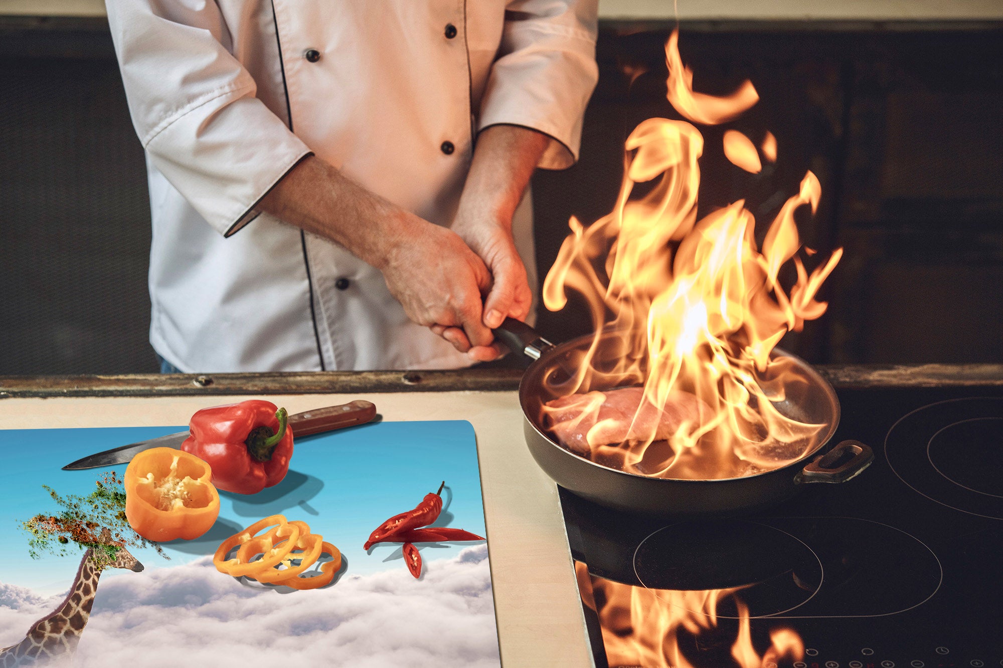 ENORMOUS  Tempered GLASS Chopping Board - Induction Cooktop Cover – SINGLE: 80 x 52 cm; DOUBLE: 40 x 52 cm; DD51 : Giraffe above Clouds