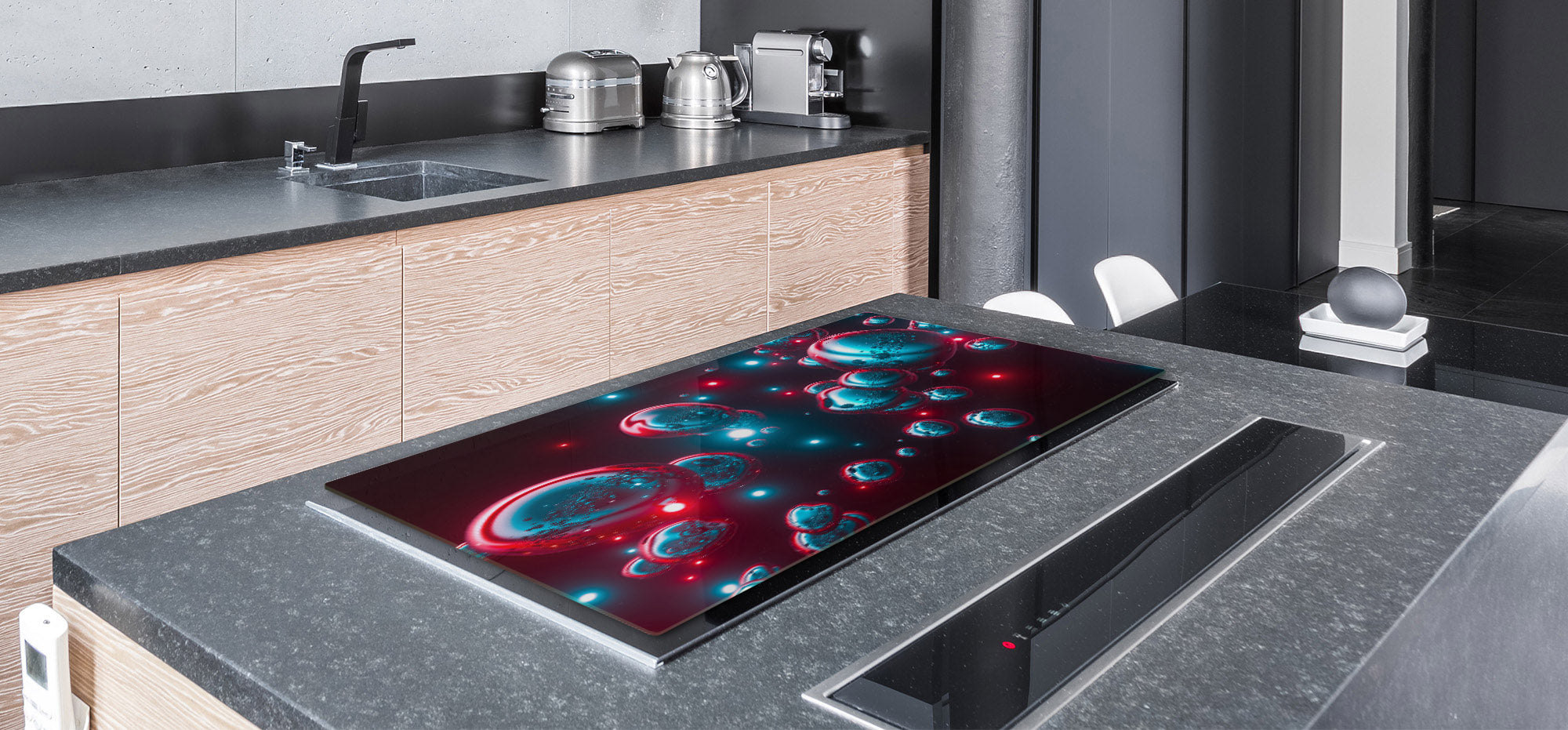 HUGE TEMPERED GLASS COOKTOP COVER – Glass Cutting Board and Worktop Saver – SINGLE: 80 x 52 cm (31,5” x 20,47”); DOUBLE: 40 x 52 cm (15,75” x 20,47”); DD46 Textures Series : Holographic bubbles 1