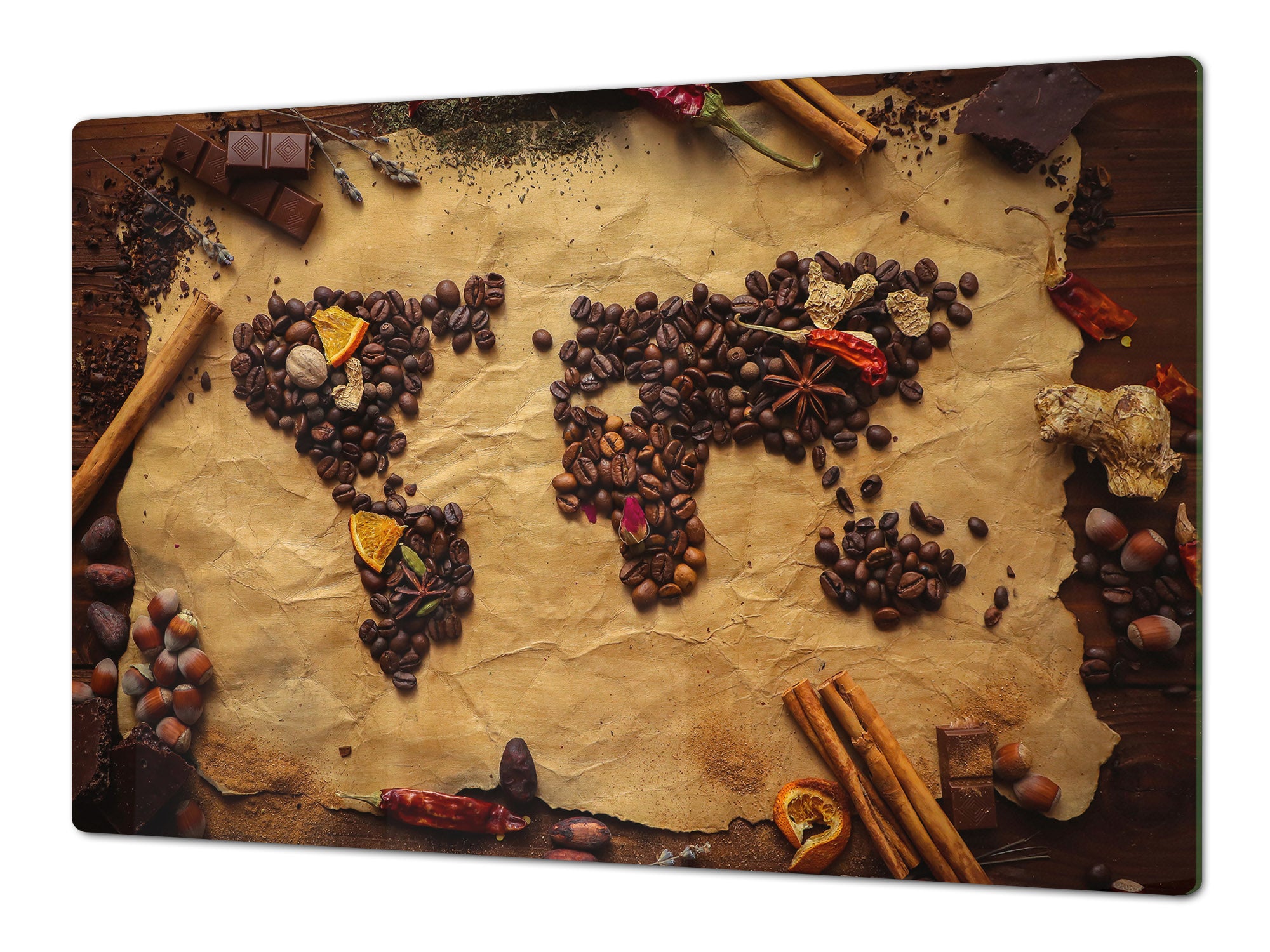GIGANTIC CUTTING BOARD and Cooktop Cover - Glass Kitchen Board;SINGLE: 80 x 52 cm (31,5” x 20,47”); DOUBLE: 40 x 52 cm (15,75” x 20,47”); DD48 Herbs and spices Series : Coffee world map