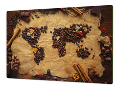 GIGANTIC CUTTING BOARD and Cooktop Cover - Glass Kitchen Board;SINGLE: 80 x 52 cm (31,5” x 20,47”); DOUBLE: 40 x 52 cm (15,75” x 20,47”); DD48 Herbs and spices Series : Coffee world map