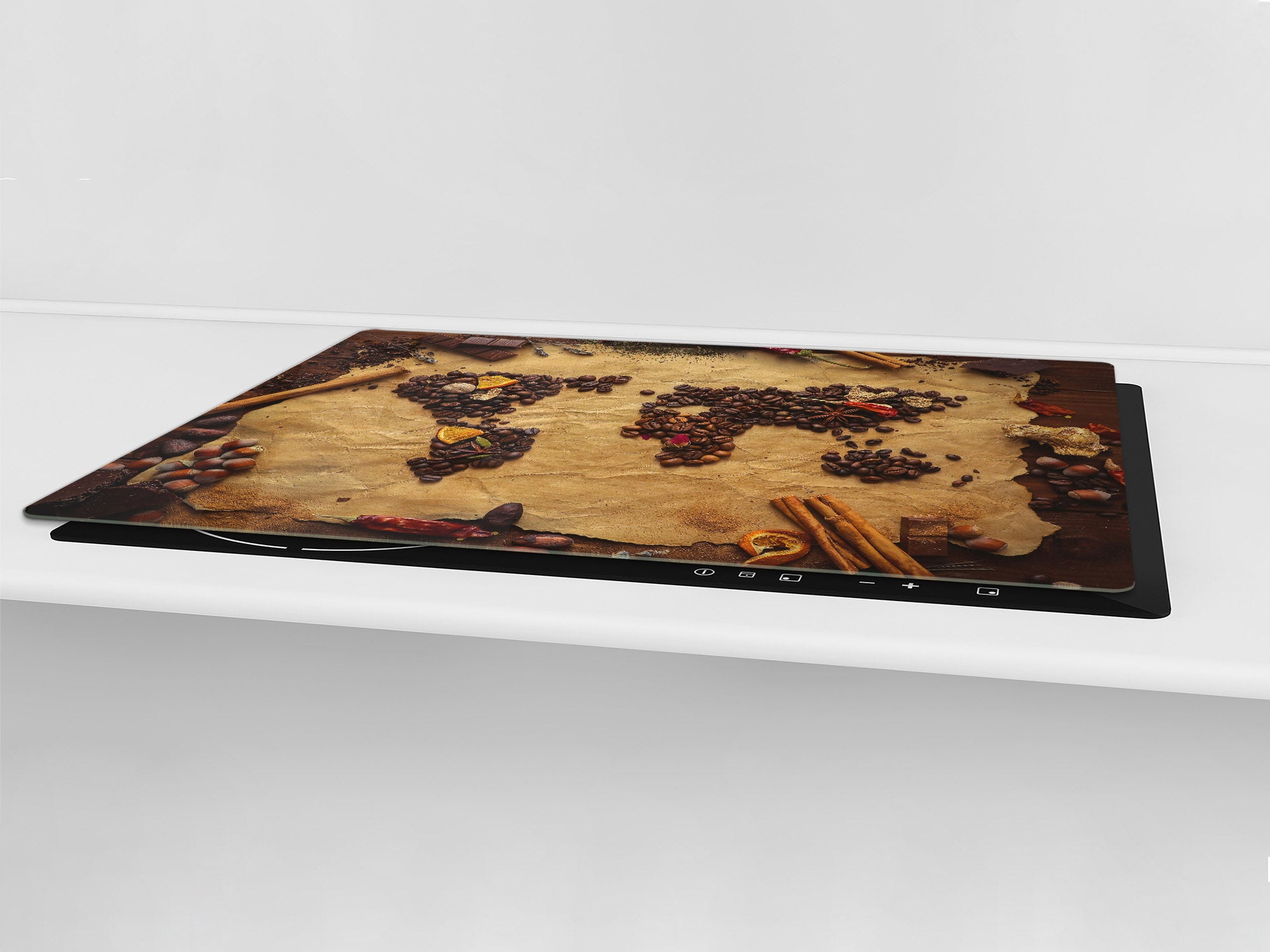 GIGANTIC CUTTING BOARD and Cooktop Cover - Glass Kitchen Board;SINGLE: 80 x 52 cm (31,5” x 20,47”); DOUBLE: 40 x 52 cm (15,75” x 20,47”); DD48 Herbs and spices Series : Coffee world map