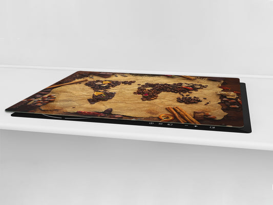 GIGANTIC CUTTING BOARD and Cooktop Cover - Glass Kitchen Board;SINGLE: 80 x 52 cm (31,5” x 20,47”); DOUBLE: 40 x 52 cm (15,75” x 20,47”); DD48 Herbs and spices Series : Coffee world map