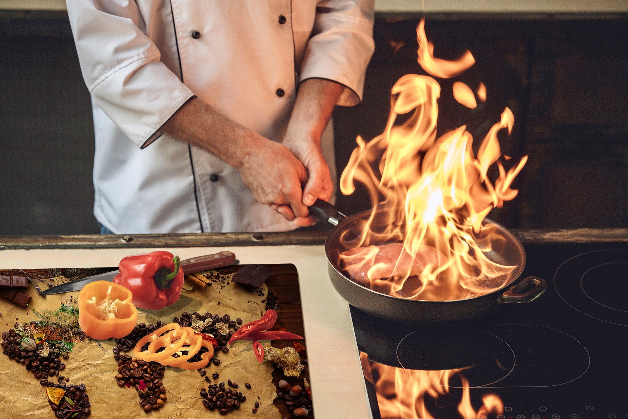 GIGANTIC CUTTING BOARD and Cooktop Cover - Glass Kitchen Board;SINGLE: 80 x 52 cm (31,5” x 20,47”); DOUBLE: 40 x 52 cm (15,75” x 20,47”); DD48 Herbs and spices Series : Coffee world map
