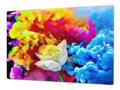 UNIQUE Tempered GLASS Kitchen Board – Impact & Scratch Resistant Cooktop cover – SINGLE: 80 x 52 cm; DOUBLE: 40 x 52 cm; DD45 Art Series : Lotus explosion