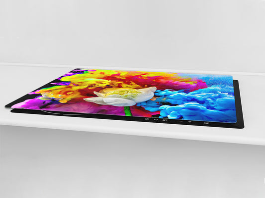 UNIQUE Tempered GLASS Kitchen Board – Impact & Scratch Resistant Cooktop cover – SINGLE: 80 x 52 cm; DOUBLE: 40 x 52 cm; DD45 Art Series : Lotus explosion
