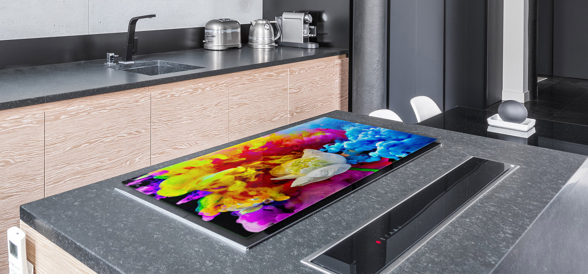 UNIQUE Tempered GLASS Kitchen Board – Impact & Scratch Resistant Cooktop cover – SINGLE: 80 x 52 cm; DOUBLE: 40 x 52 cm; DD45 Art Series : Lotus explosion