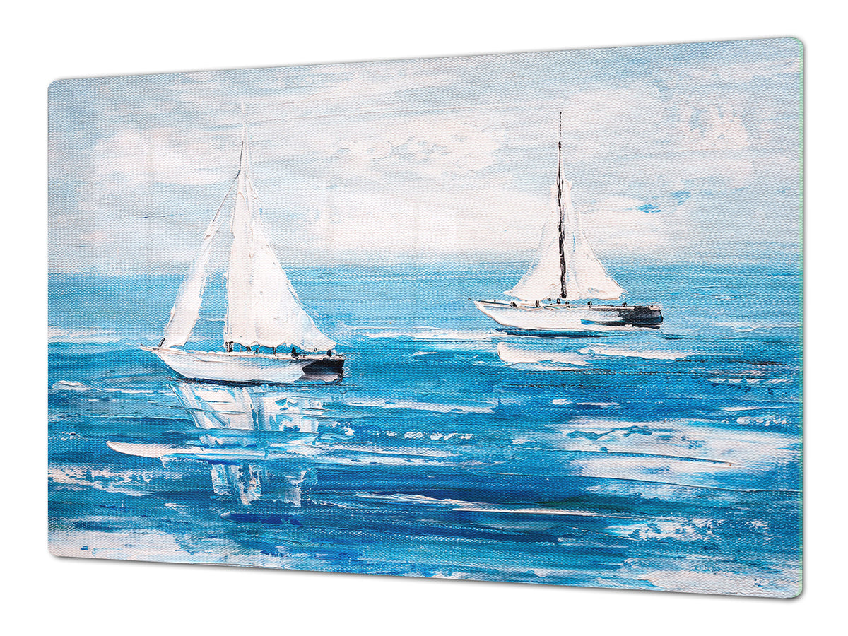 ENORMOUS  Tempered GLASS Chopping Board - Induction Cooktop Cover – SINGLE: 80 x 52 cm; DOUBLE: 40 x 52 cm; DD53 : Sailing Boats