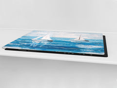 ENORMOUS  Tempered GLASS Chopping Board - Induction Cooktop Cover – SINGLE: 80 x 52 cm; DOUBLE: 40 x 52 cm; DD53 : Sailing Boats