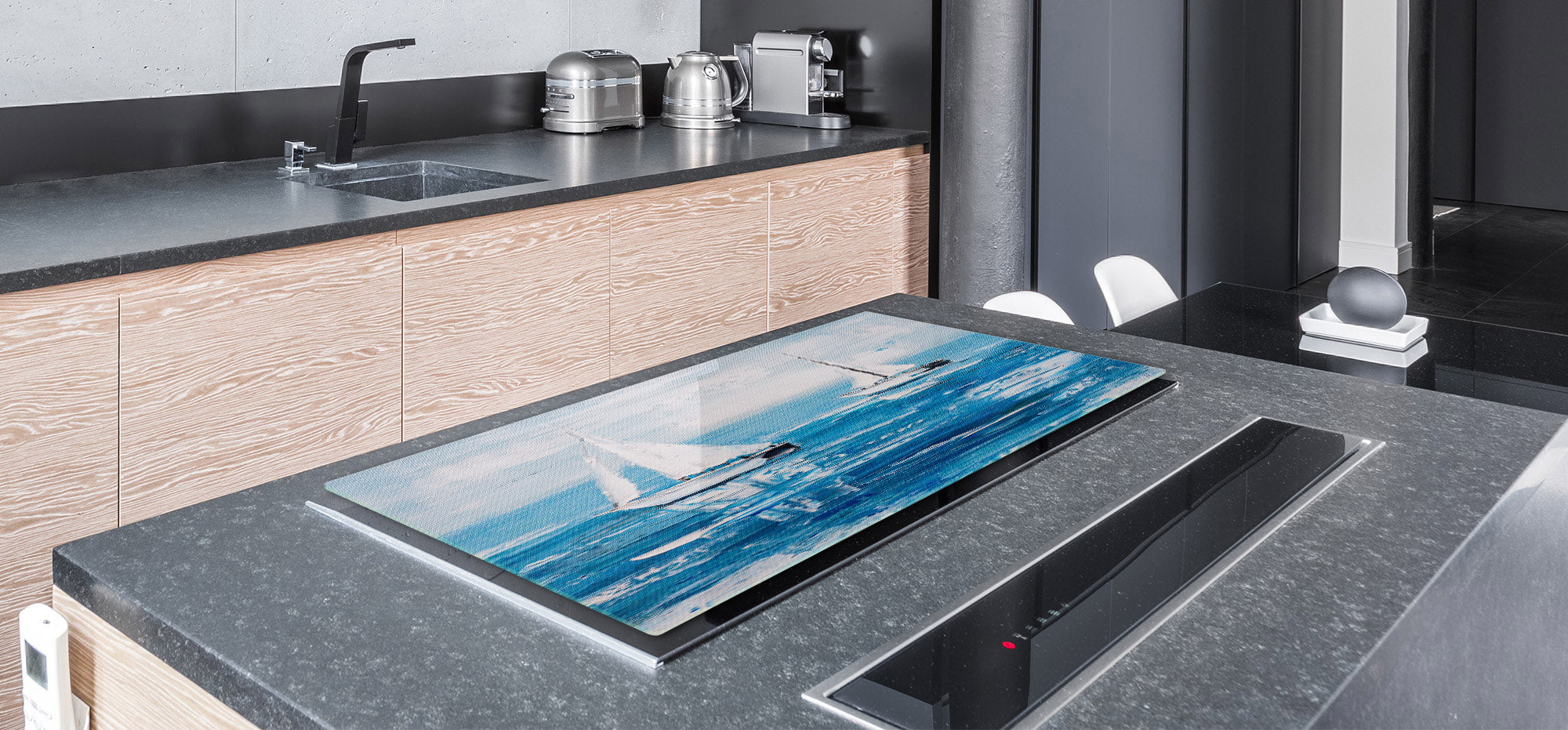 ENORMOUS  Tempered GLASS Chopping Board - Induction Cooktop Cover – SINGLE: 80 x 52 cm; DOUBLE: 40 x 52 cm; DD53 : Sailing Boats