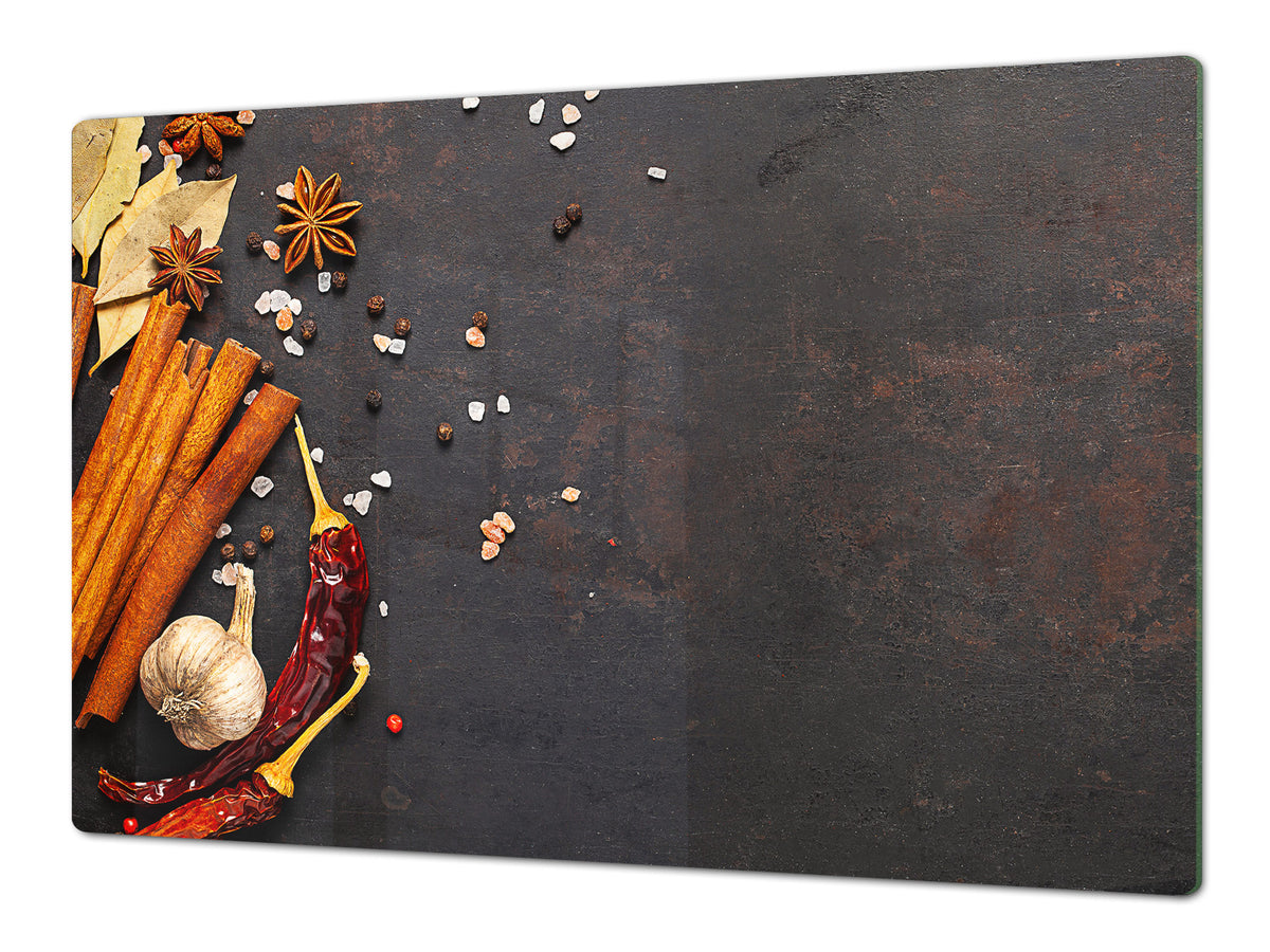 GIGANTIC CUTTING BOARD and Cooktop Cover - Glass Kitchen Board;SINGLE: 80 x 52 cm (31,5” x 20,47”); DOUBLE: 40 x 52 cm (15,75” x 20,47”); DD48 Herbs and spices Series : Cinnamon sticks