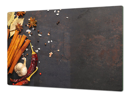 GIGANTIC CUTTING BOARD and Cooktop Cover - Glass Kitchen Board;SINGLE: 80 x 52 cm (31,5” x 20,47”); DOUBLE: 40 x 52 cm (15,75” x 20,47”); DD48 Herbs and spices Series : Cinnamon sticks