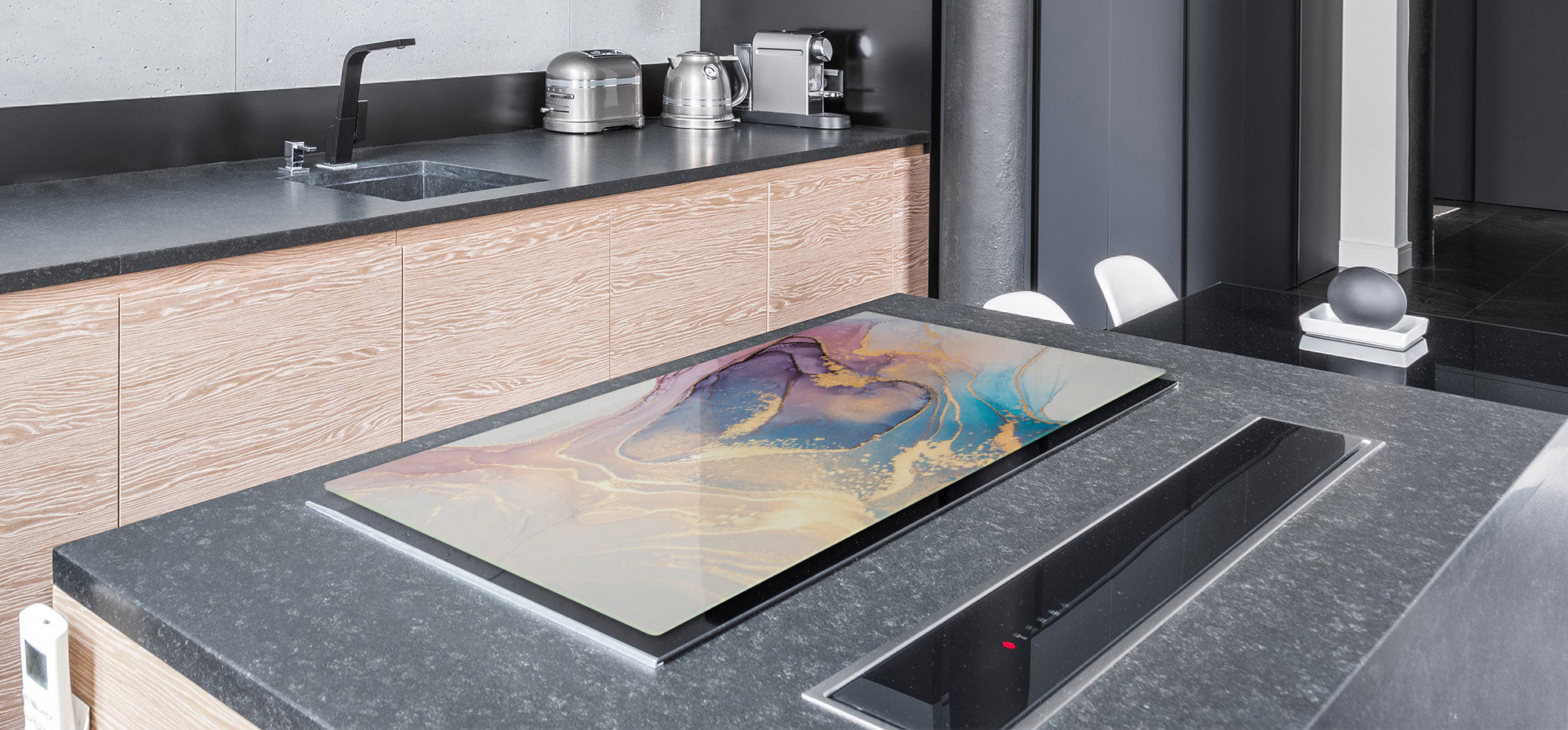 UNIQUE Tempered GLASS Kitchen Board – Impact & Scratch Resistant Cooktop cover – SINGLE: 80 x 52 cm; DOUBLE: 40 x 52 cm; DD45 Art Series : Liquid colours 1