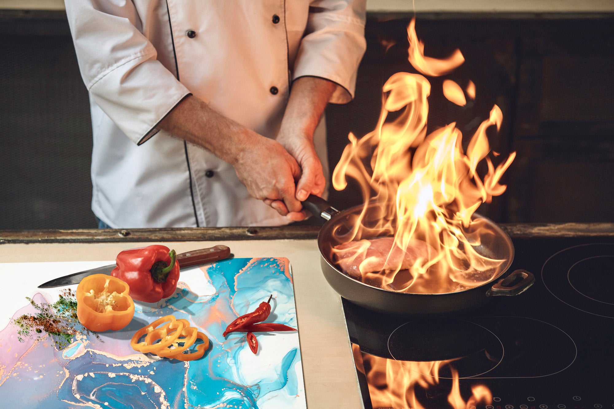 UNIQUE Tempered GLASS Kitchen Board – Impact & Scratch Resistant Cooktop cover – SINGLE: 80 x 52 cm; DOUBLE: 40 x 52 cm; DD45 Art Series : Liquid colours 2