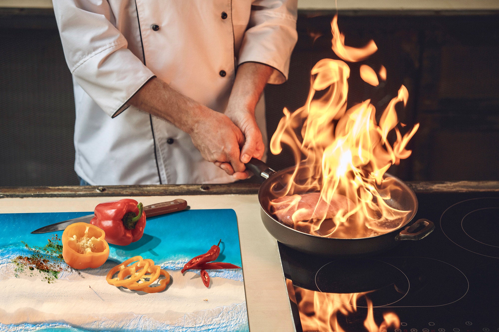 UNIQUE Tempered GLASS Kitchen Board – Impact & Scratch Resistant Cooktop cover – SINGLE: 80 x 52 cm; DOUBLE: 40 x 52 cm; DD45 Art Series : Beaches of Zanzibar