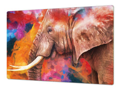 BIG KITCHEN BOARD & Induction Cooktop Cover – Glass Pastry Board – SINGLE: 80 x 52 cm (31,5” x 20,47”); DOUBLE: 40 x 52 cm (15,75” x 20,47”); DD47 Animals Series : Colourful elephant