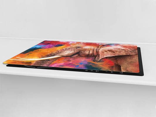 BIG KITCHEN BOARD & Induction Cooktop Cover – Glass Pastry Board – SINGLE: 80 x 52 cm (31,5” x 20,47”); DOUBLE: 40 x 52 cm (15,75” x 20,47”); DD47 Animals Series : Colourful elephant