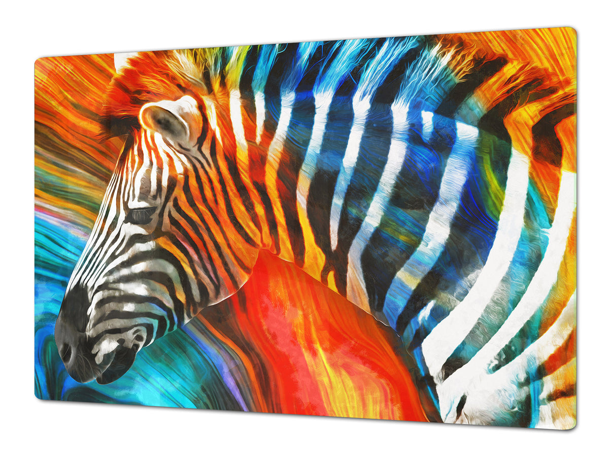 BIG KITCHEN BOARD & Induction Cooktop Cover – Glass Pastry Board – SINGLE: 80 x 52 cm (31,5” x 20,47”); DOUBLE: 40 x 52 cm (15,75” x 20,47”); DD47 Animals Series : Colourful zebra