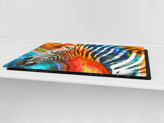 BIG KITCHEN BOARD & Induction Cooktop Cover – Glass Pastry Board – SINGLE: 80 x 52 cm (31,5” x 20,47”); DOUBLE: 40 x 52 cm (15,75” x 20,47”); DD47 Animals Series : Colourful zebra