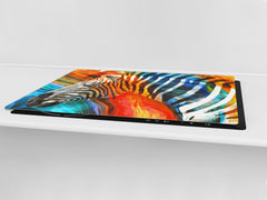BIG KITCHEN BOARD & Induction Cooktop Cover – Glass Pastry Board – SINGLE: 80 x 52 cm (31,5” x 20,47”); DOUBLE: 40 x 52 cm (15,75” x 20,47”); DD47 Animals Series : Colourful zebra