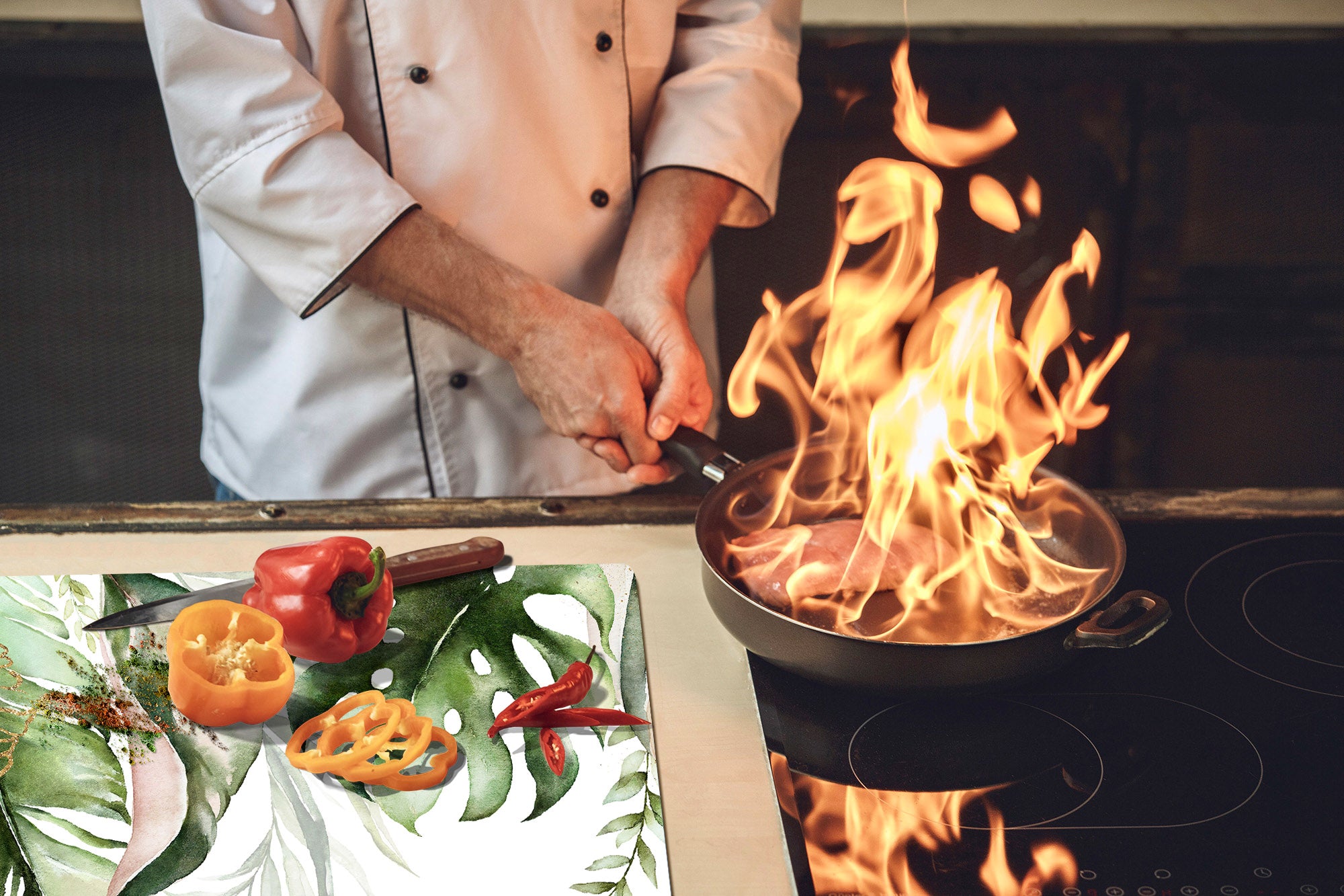 Gigantic Worktop saver and Pastry Board - Tempered GLASS Cutting Board - MEASURES: SINGLE: 80 x 52 cm; DOUBLE: 40 x 52 cm; DD44 Nature series : Tropical watercolour