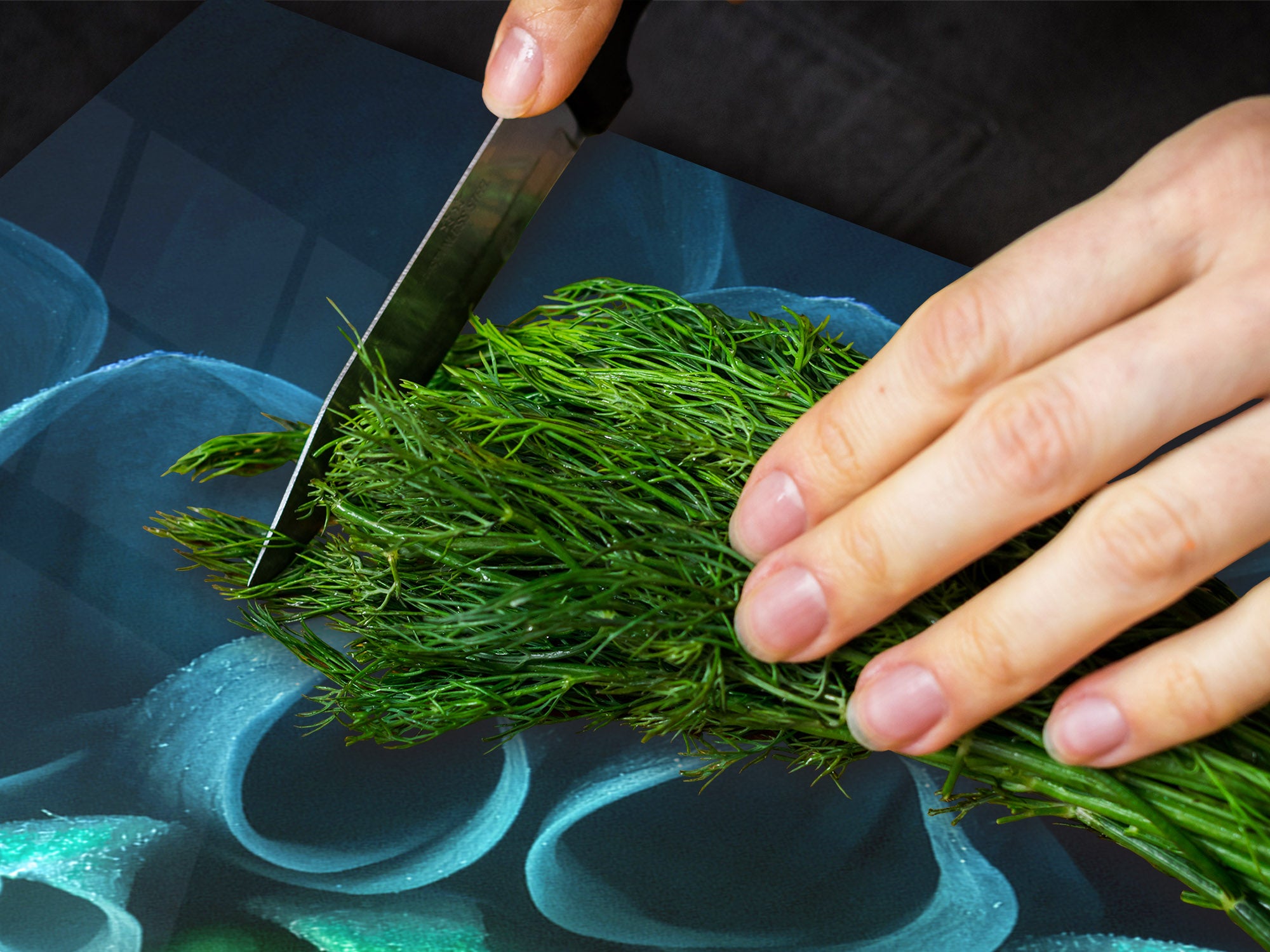 Gigantic Worktop saver and Pastry Board - Tempered GLASS Cutting Board - MEASURES: SINGLE: 80 x 52 cm; DOUBLE: 40 x 52 cm; DD44 Nature series : Blue-green flower