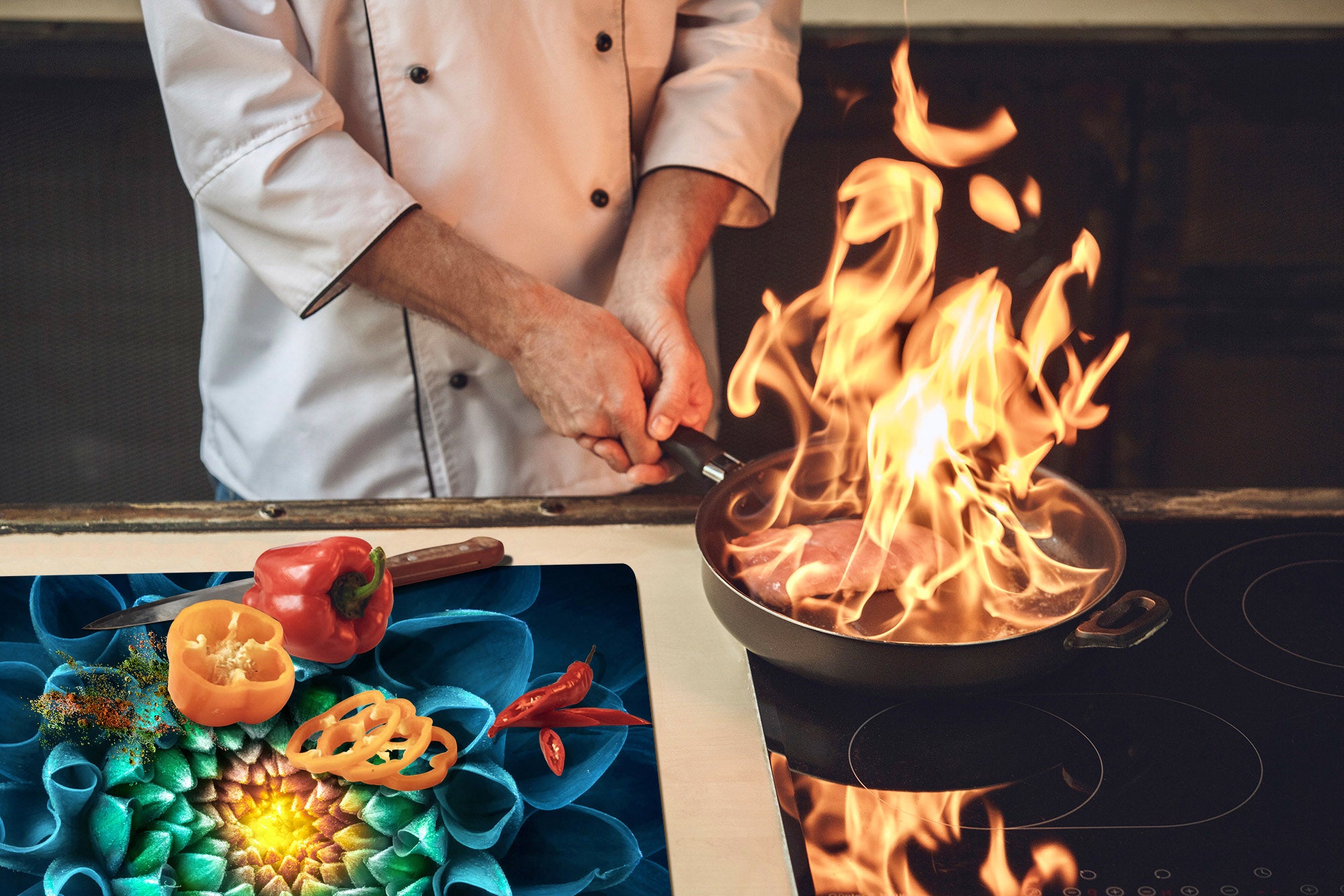 Gigantic Worktop saver and Pastry Board - Tempered GLASS Cutting Board - MEASURES: SINGLE: 80 x 52 cm; DOUBLE: 40 x 52 cm; DD44 Nature series : Blue-green flower