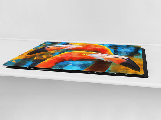 BIG KITCHEN BOARD & Induction Cooktop Cover – Glass Pastry Board – SINGLE: 80 x 52 cm (31,5” x 20,47”); DOUBLE: 40 x 52 cm (15,75” x 20,47”); DD47 Animals Series : Colourful flamingos
