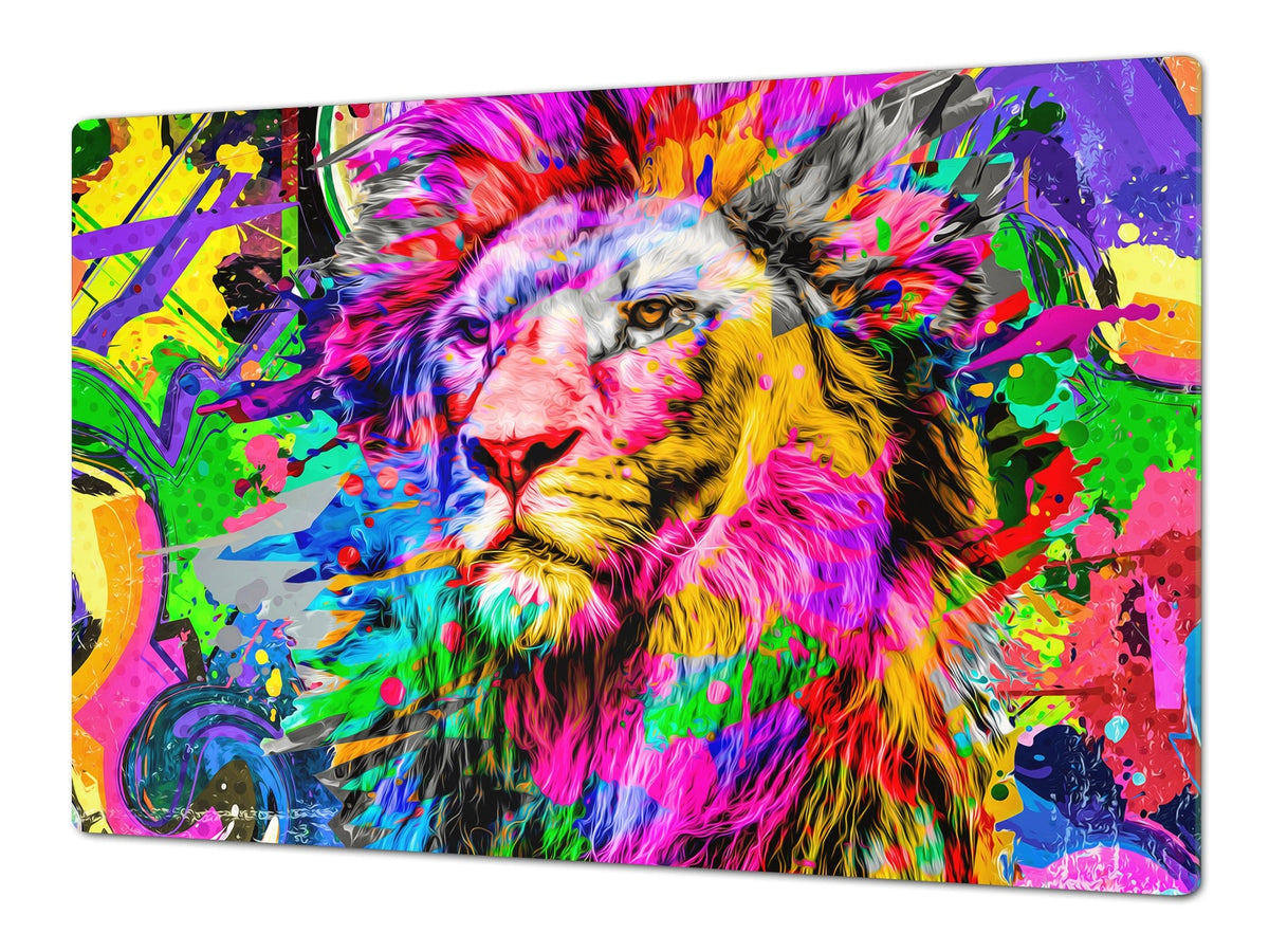 BIG KITCHEN BOARD & Induction Cooktop Cover – Glass Pastry Board – SINGLE: 80 x 52 cm (31,5” x 20,47”); DOUBLE: 40 x 52 cm (15,75” x 20,47”); DD47 Animals Series : Colourful lion