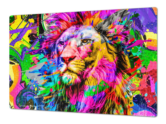 BIG KITCHEN BOARD & Induction Cooktop Cover – Glass Pastry Board – SINGLE: 80 x 52 cm (31,5” x 20,47”); DOUBLE: 40 x 52 cm (15,75” x 20,47”); DD47 Animals Series : Colourful lion