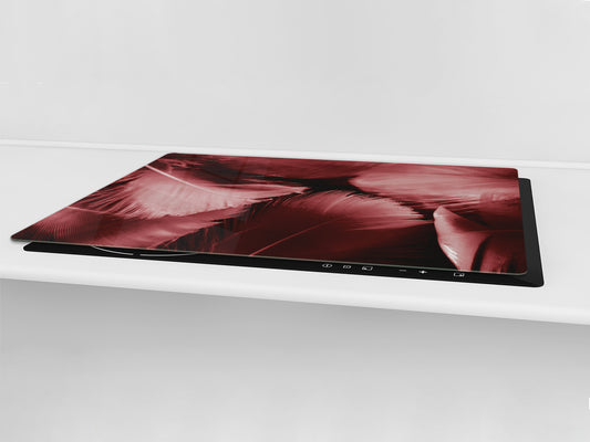HUGE TEMPERED GLASS COOKTOP COVER – Glass Cutting Board and Worktop Saver – SINGLE: 80 x 52 cm (31,5” x 20,47”); DOUBLE: 40 x 52 cm (15,75” x 20,47”); DD46 Textures Series : White and red feathers